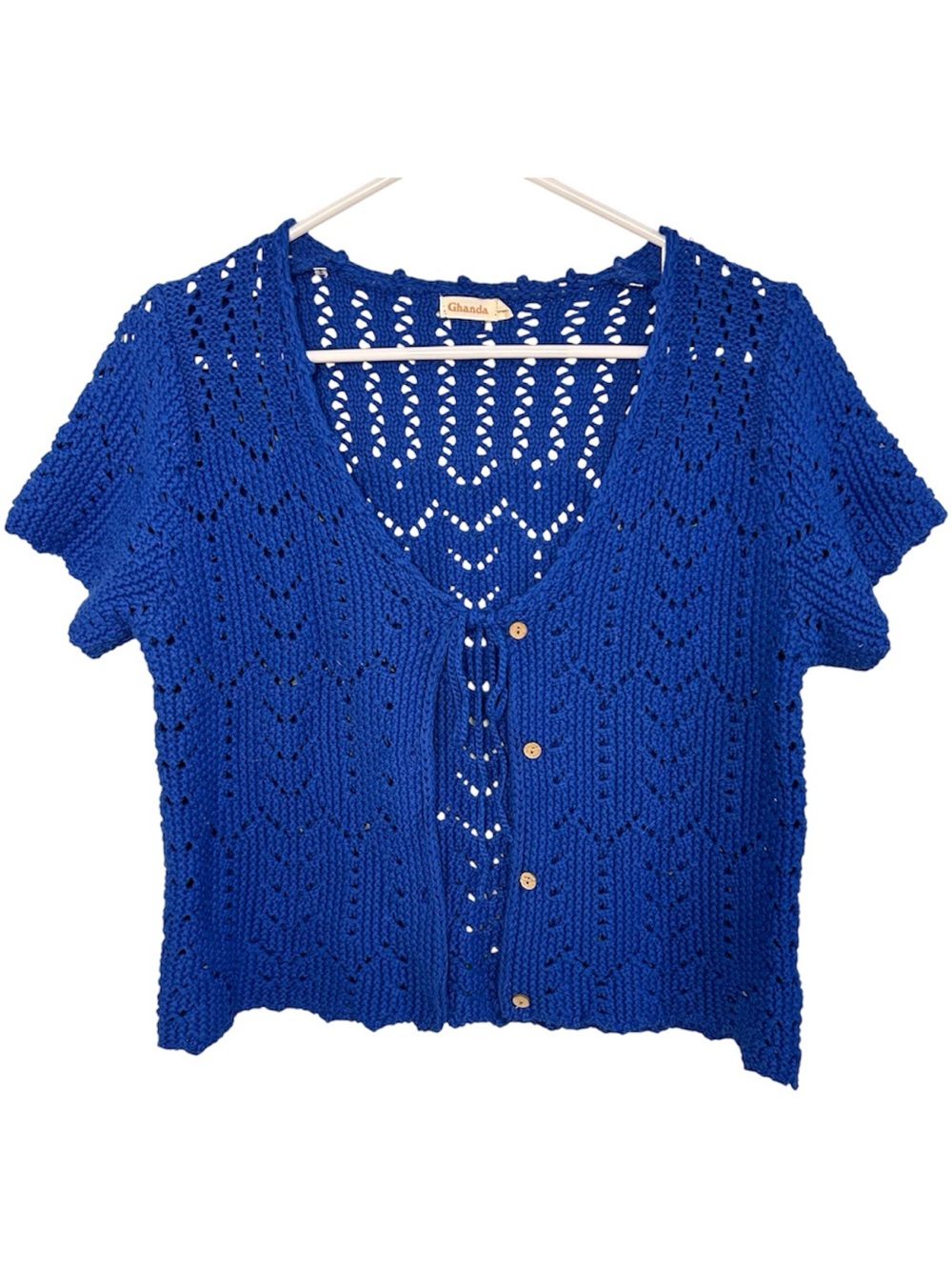 Ghanda Open Knit Short Sleeve Coverup Sweater Royal Blue Vibrant Ties V-Neck Med
